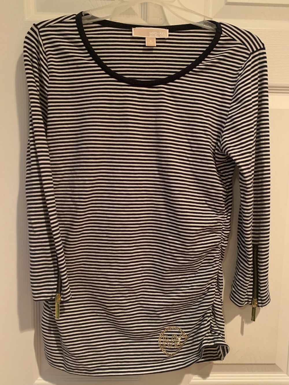 Michael Kors Ruched Navy & White Striped Long-Sleeve Tee